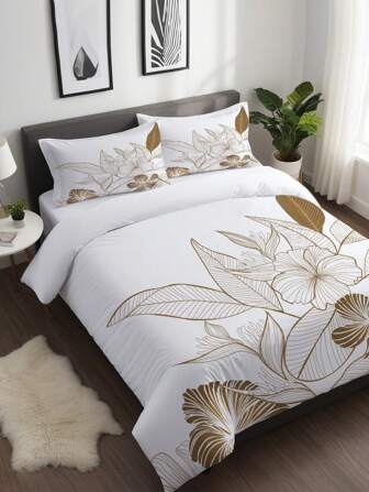 3st Elegant påslakanset med blommönster (1 påslakan + 2 örngott, utan kärna), vitt mjukt bekvämt påslakan, för sovrum, gästrum Heminredning