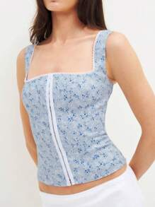 Women Clasp Front Tank Tops Sleeveless Square Neck Lace Trim Smocked Tops Vest Summer Shirt