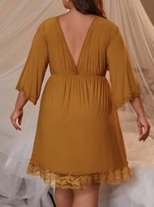 1pc Women Plus Size Deep V-Neck Solid Color Nightgown, Beautiful & Elegant Home Dress With Shoulder Exposure, High Fashion