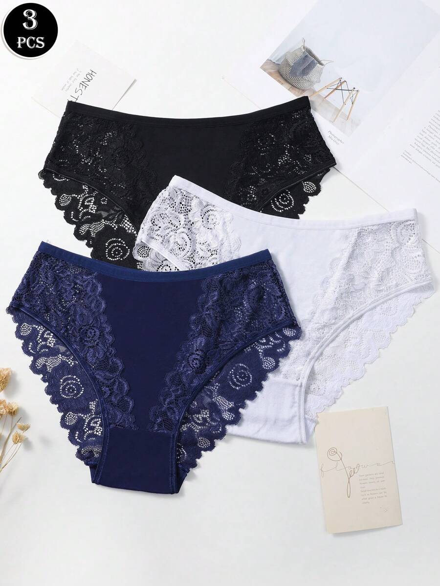 3pcs Elegant Lace Breathable Soft Cotton Women's Underwear Panties - Multicolor - View 1
