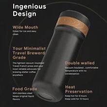 iCafilas 320ml/11oz Portable Coffee Pot French Press Flask Coffee Maker Stainless Steel Insulated Travel Mug With Coffee Plunger Filter Black Outdoor Camping - Black - View 6