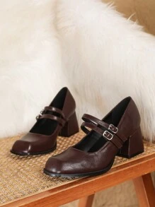 Giày cao gót Mary Jane cỡ nhỏ dành cho nữ, gót dày, mũi vuông, màu đỏ và đen, thanh lịch. - màu nâu - Xem 6