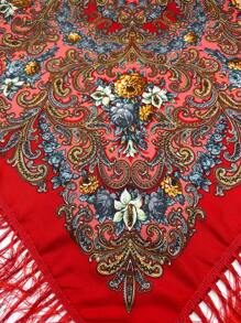 Women's Oversized Printed Traditional Scarf, Multicolor Rose Blossom With Tassels For Various Use Boho - Multicolor - View 22