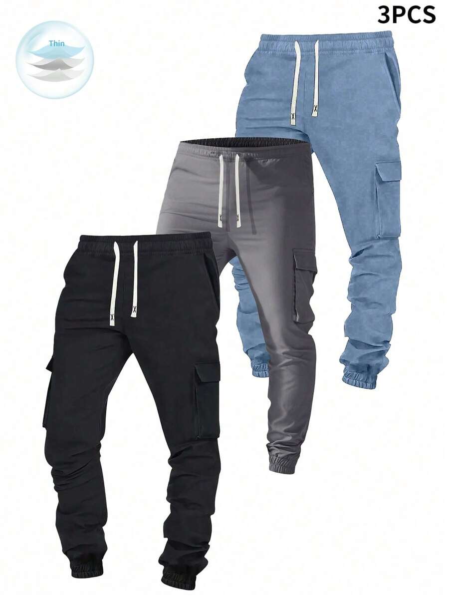 3pcs Set Tween Boy Casual Drawstring Cargo Pants For Spring, Summer & Autumn - Blue - View 1