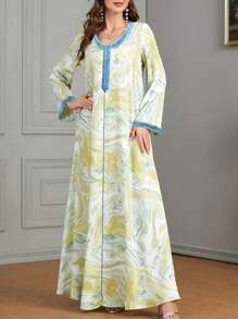 Women's Print Patchwork V-Neck Long Sleeve Minimalist Long Dress