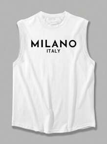 Men's Letter Print Round Neck Casual Loose Fit Tank Top - White - View 7