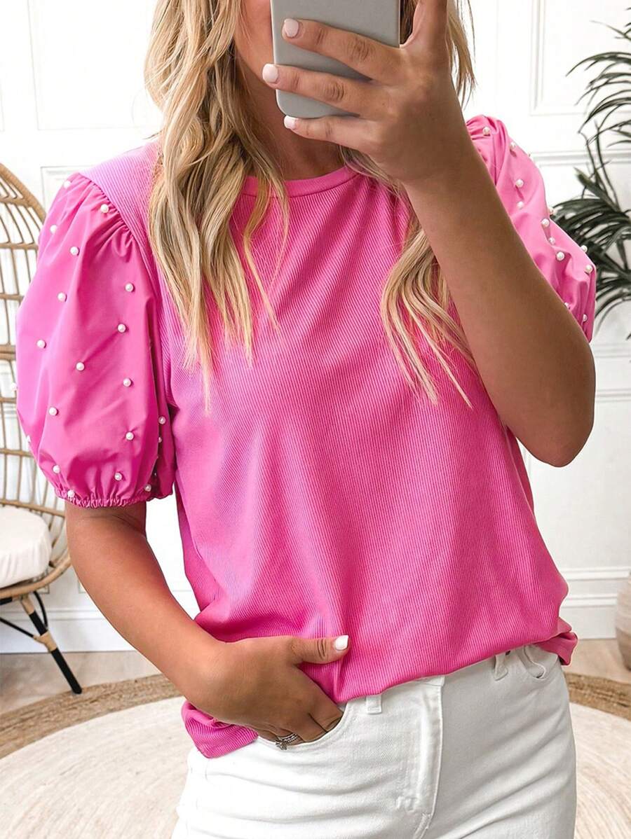 Acelitt Women's Pink Pearl Decor Knit Ribbed Petal Sleeve Round Neck Top, Fashionable And Elegant For Summer Casual - Pink - View 1