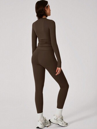 Women's Solid Color Casual Sports Top And Pants Set, Suitable For Daily Yoga And Workout