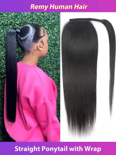 Straight Human Hair Ponytail Extensions With Wrap Around 10A Brazilian Ponytail Human Hair Natural Black Brazilian Hair Ponytail Extension