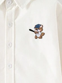 男童春季休闲刺绣长袖纽扣衬衫 - 白色 - 查看 5