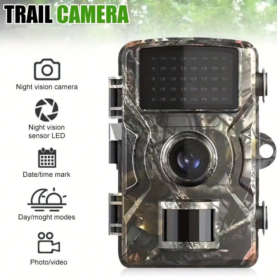 Hunting Camera With 2-Inch Screen, HD Wildlife Trail Camera, Night Vision PIR 10m, 0.8s Trigger Motion Activated, For Outdoor Wildlife Monitoring Camouflage