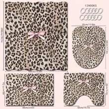 1/4 piezas Juego de baño: Cortina de ducha con estampado de lazo rosa y estampado de leopardo, alfombra de baño, tapa de inodoro en forma de U, cortina de ducha impermeable, cortina de partición de baño de estilo moderno, sin necesidad de perforación, de poliéster lavable a máquina, decoración de otoño para el hogar, accesorios de baño, de vuelta al colegio - Multicolor - Ver 4