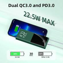 10000mAh 移动电源，22.5W 快速充电 PD3.0 QC4.0 Type-C 输出，带 LCD 显示屏大容量双 USB 端口，兼容智能手机和平板电脑等超级快速充电，LED 电量显示，带 USB 和 Type-C 端口的便携式充电器设备，安全稳定的聚合物锂电池适合户外玩耍、购物、旅行、便携式电源兼容 ，兼容 iPad、Android 手机，适合家人、朋友、生日、圣诞节、冬季、新年的礼物兼容 ，兼容 iPad、Android 手机，适合家人、朋友、生日、冬季、情人节、复活节的礼物适合户外玩耍、购物、旅行、便携式电源超级快速充电，显示电池电量