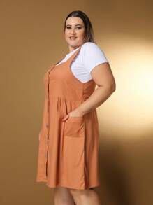 Short Plus Size Linen Dress With Button And Pocket New Model - Rust Brown - View 4