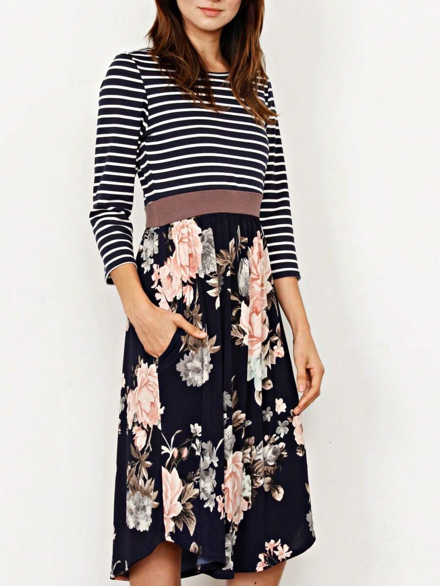 Boho Vintage Magenta Ivory Coral Pink Yellow Stripe  Band Trim Midi  Swing Southern Dress | Small-3 XL Plus - màu nâu - Xem 1