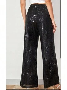 黑色亮片时尚松紧腰直筒裤