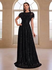 Elisanya Váy dạ hội trang trọng sang trọng thanh lịch dành cho nữ có khăn choàng, váy dự tiệc, váy dự tiệc cưới, váy dạ hội - màu đen - Xem 6