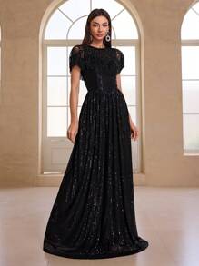 Elisanya Váy dạ hội trang trọng sang trọng thanh lịch dành cho nữ có khăn choàng, váy dự tiệc, váy dự tiệc cưới, váy dạ hội - màu đen - Xem 4