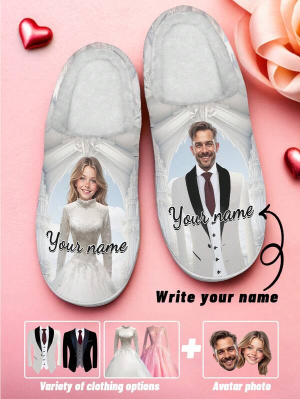 Personalisierte Hochzeit Namen und Foto Hausschuhe, leichte, bequeme und weiche Hausschuhe mit individuell designten Hochzeitsfotos für Männer, personalisiertes Spaßgeschenk für Mutter/Vater/sie/ihn/Freundin/Freund/Ehefrau/Ehemann/Freund