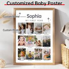 1Pc Retro My First Year Photo Template Wall Art Decorate , Modern 1st Birthday Picture Collage Canvas Poster , Editable Stars One Year Of Board Wall Decor, Optional Frame,Home Harmony - Multicolor - View 4