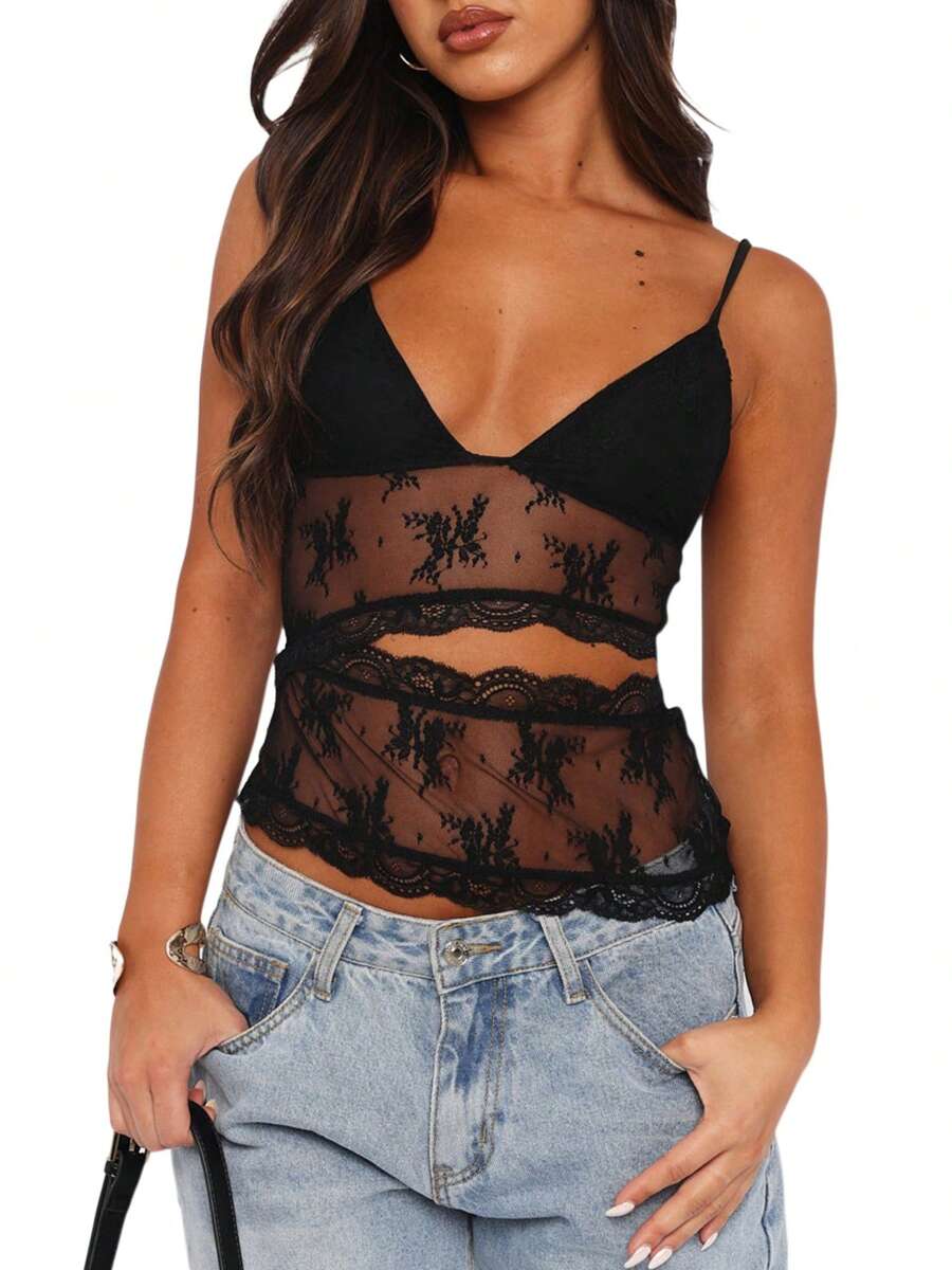 Women Y2k Lace Floral Camisoles V Neck Sleeveless Spaghetti Strap Backless Sheer Crop Tank Tops Summer Sexy Slim Fit Vests Cami Tops Streetwear Clubwear Going Out Tops Aesthetic Clothes - 黑色 - 查看 1