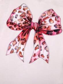 2pcs/Set Girls Casual Bowknot Leopard Print Soft & Comfy Knitted Short Sleeve T-Shirt And Pants Set, Spring/Summer Sports Outfit