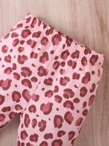2pcs/Set Girls Casual Bowknot Leopard Print Soft & Comfy Knitted Short Sleeve T-Shirt And Pants Set, Spring/Summer Sports Outfit