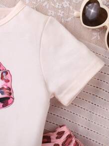 2pcs/Set Girls Casual Bowknot Leopard Print Soft & Comfy Knitted Short Sleeve T-Shirt And Pants Set, Spring/Summer Sports Outfit