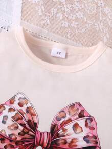 2pcs/Set Girls Casual Bowknot Leopard Print Soft & Comfy Knitted Short Sleeve T-Shirt And Pants Set, Spring/Summer Sports Outfit