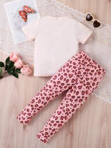2pcs/Set Girls Casual Bowknot Leopard Print Soft & Comfy Knitted Short Sleeve T-Shirt And Pants Set, Spring/Summer Sports Outfit