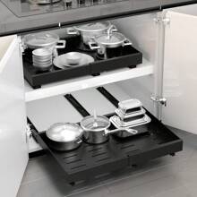 Pull Out Cabinet Organiser - Peel And Stick Sliding Storage Shelf With 3 Rails - Adjustable Width Slide Out Drawer For Kitchen, Pantry, Bathroom - Black - 43cm - View 1