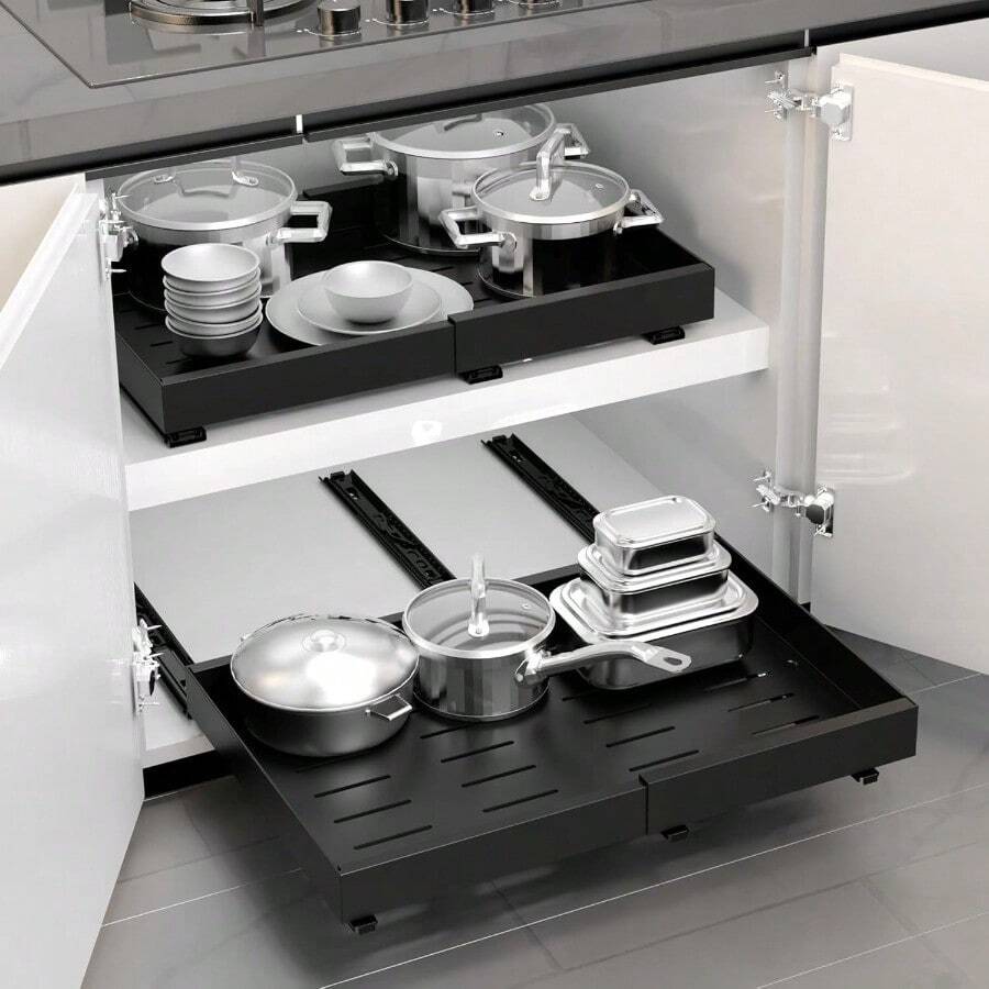 Pull Out Cabinet Organiser - Peel And Stick Sliding Storage Shelf With 3 Rails - Adjustable Width Slide Out Drawer For Kitchen, Pantry, Bathroom - Black - 43cm - View 1