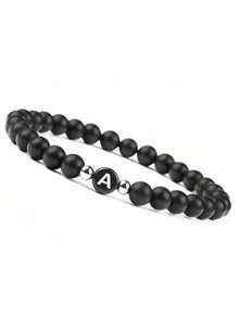 Brazalete de cuentas de piedra negra esmerilada de 6 mm Pulsera con 26 letras iniciales del nombre con cuerda elástica para regalos de pareja, amistad y familia