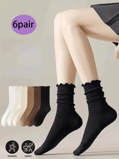 6/3/1 Pair Women's Solid Color Ruffle Edge Minimalist Stylish Versatile Comfortable Soft Mid-Calf Socks, Suitable For Daily Wear & Mid-Calf Socks For Women, Ruffled Trim & Floral Pattern, Versatile For Spring, Fall & Winter,Beautiful And Moving Cute Socks, Students, Friends, Lovers And Relatives Are Suitable For New Year Gifts,Spring Outdoor Sports Socks