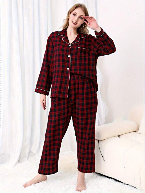 2pcs Plus Size Women Pajama Set, Home Wear Plaid Print Long Sleeve Shirt And Pants, Autumn/Winter