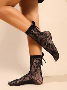 1 Paar Damen Sommer Socken mit Schleifendekor, elastische Netzsocken mit Hohlmuster, elegante & sexy Netzsocken - Schwarz - Übersicht 3