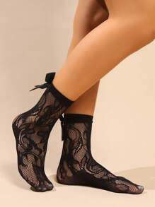 1 Paar Damen Sommer Socken mit Schleifendekor, elastische Netzsocken mit Hohlmuster, elegante & sexy Netzsocken - Schwarz - Übersicht 2