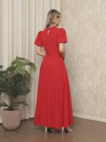 Women's Long Crepe Dress With Puffed Sleeves, Bow Waist And Pleated Skirt - Elegant And Sophisticated - 紅色 - 查看 4