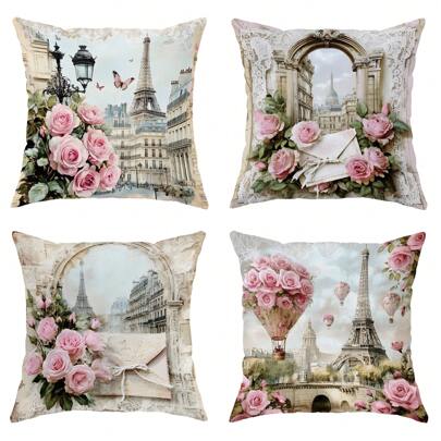 4pcs Valentines Day Decorations Rose Floral Galentines Balloons Velvet Throw Pillow Covers Romantic Pink Green Cosy Soft Decorative Pillowcases One Sided Printing For Living Room Bedroom Sofa Bed Decor Without Pillow Inserts