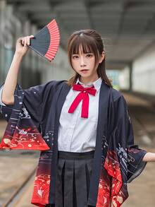 New Chinese Style Vintage Cute College Loose Batwing Sleeve Kimono Cardigan, Summer Yukata Lightweight Shawl - Black - View 4