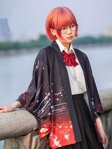 New Chinese Style Vintage Cute College Loose Batwing Sleeve Kimono Cardigan, Summer Yukata Lightweight Shawl - Black - View 2