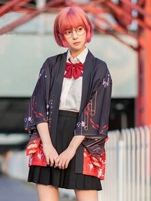 New Chinese Style Vintage Cute College Loose Batwing Sleeve Kimono Cardigan, Summer Yukata Lightweight Shawl - Black - View 3