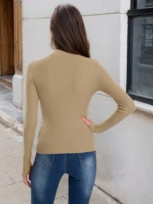 Ladies Knit Sweater With Metallic Button, Ribbed Design - Available In Multiple Colors, Pullover Style - Khaki - View 2