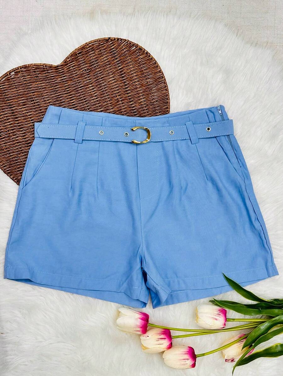 Women's Shorts With Belt - Blue - View 1