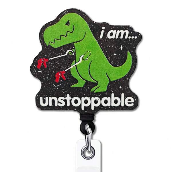Inspirierender einziehbarer Ausweishalter mit Krokodilklammer "Ich bin unaufhaltsam" Ausweishalter mit T-Rex Dinosaurier Motiv, lustiger schwarzer Glitzer Ausweishalter, Geschenk für Büromitarbeiter, Krankenschwester, Arzt, Lehrer