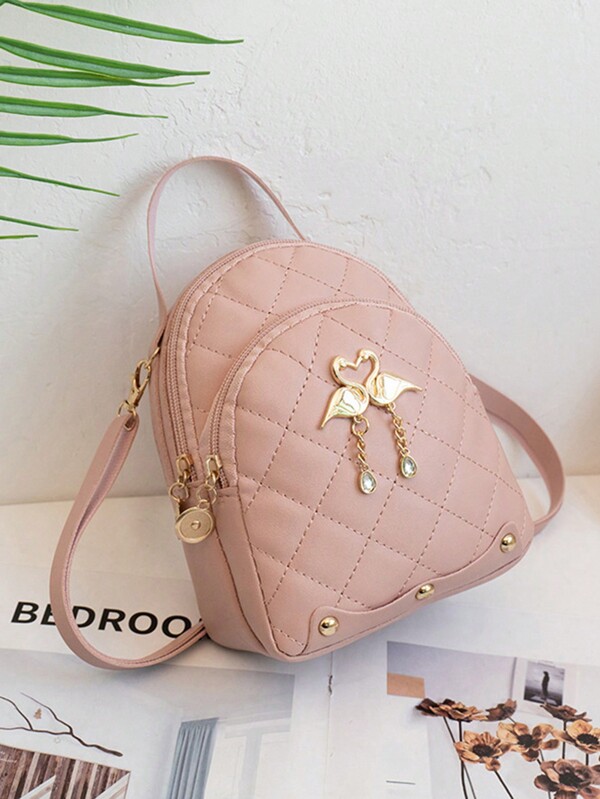 Cute Plaid Rattan Backpack For Girls's, Casual Style With Golden Swan Charm, Double Zipper Shoulder Bag, Faux Leather With Polyester Lining