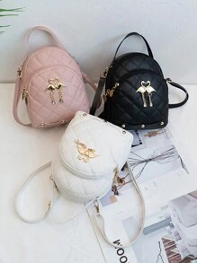 适合女孩的可爱格子藤条背包，休闲风格，带金色天鹅吊饰，双拉链单肩包，人造皮革，带涤纶衬里 - 粉色 - 查看 4