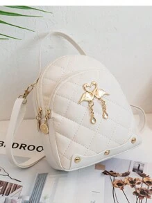 适合女孩的可爱格子藤条背包，休闲风格，带金色天鹅吊饰，双拉链单肩包，人造皮革，带涤纶衬里 - 粉色 - 查看 2