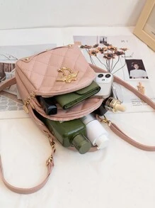 适合女孩的可爱格子藤条背包，休闲风格，带金色天鹅吊饰，双拉链单肩包，人造皮革，带涤纶衬里 - 粉色 - 查看 7