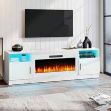 70 Inch Fireplace TV Stand Entertainment Center With 36" Fireplace, 70" Wooden TV Stand For TVs Up To 80", Media TV Console With High Gloss Storage Cabinet And 16 Colors LED Lights - White With White Fireplace - 查看 1